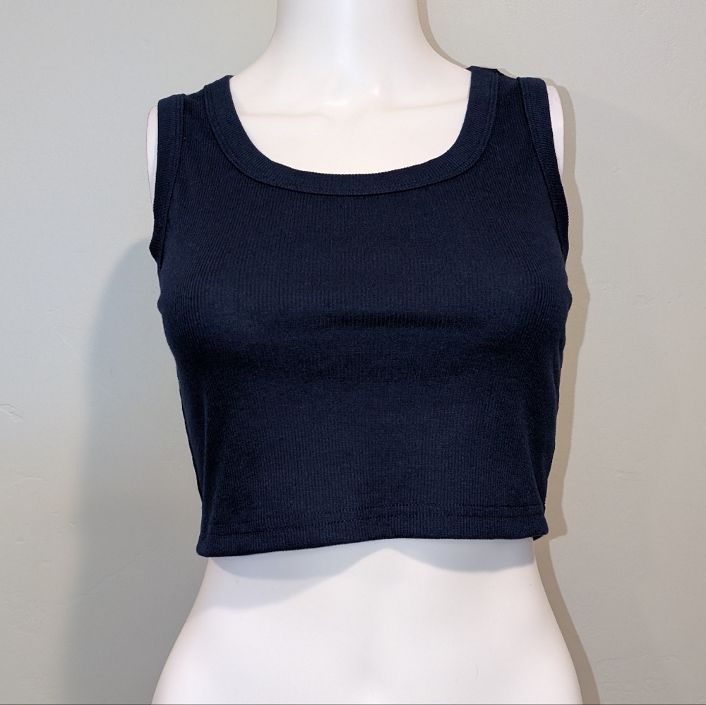SHEIN Navy Blue Cropped Ribbed Scoop Neck Sleeveless Tank Top Size Small